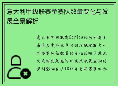 意大利甲级联赛参赛队数量变化与发展全景解析