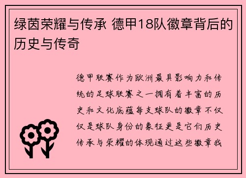 绿茵荣耀与传承 德甲18队徽章背后的历史与传奇