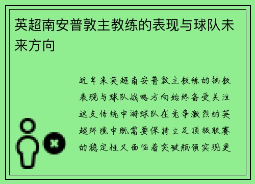 英超南安普敦主教练的表现与球队未来方向