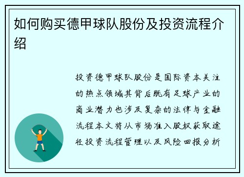 如何购买德甲球队股份及投资流程介绍